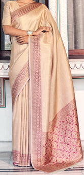 Pure Kanjivaram pastel ceam light shaded weaving silk hanloom saree with contrasting dark border